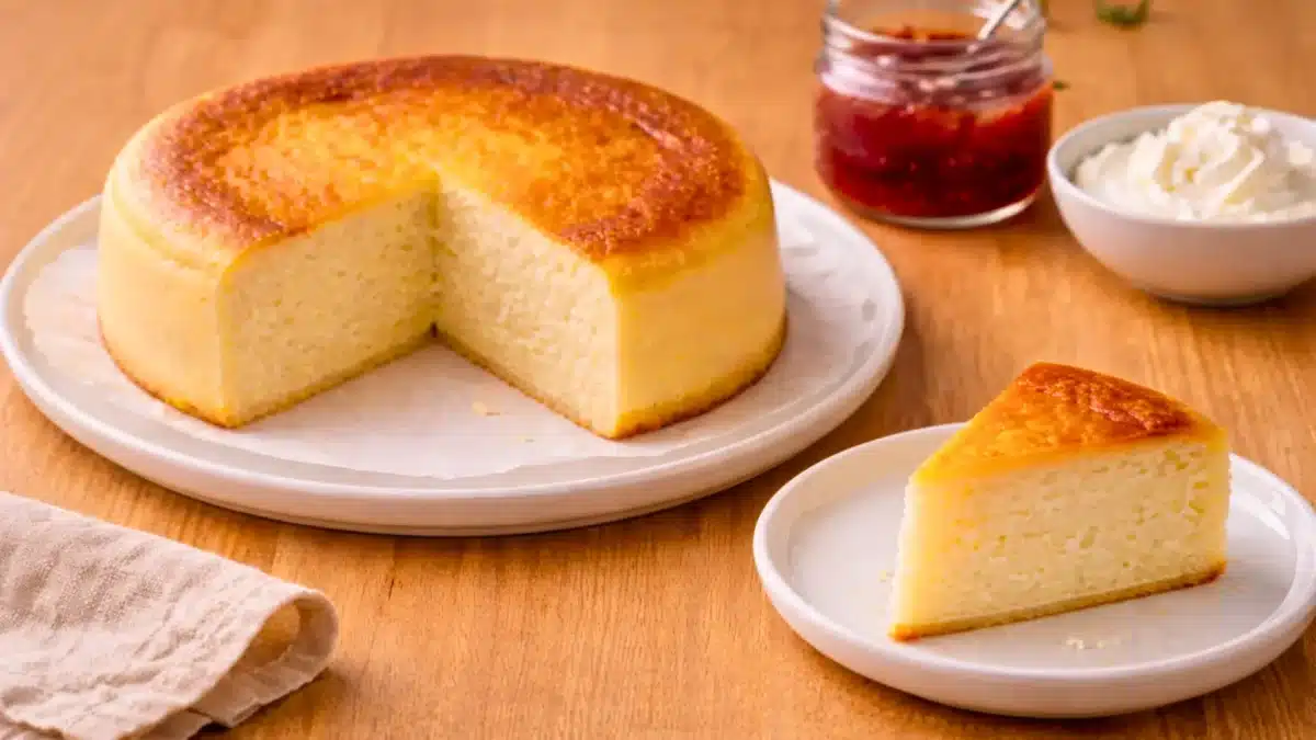 Cheesecake sans pâte doré et moelleux, présenté sur une assiette avec une part découpée, accompagné de confiture et de crème.