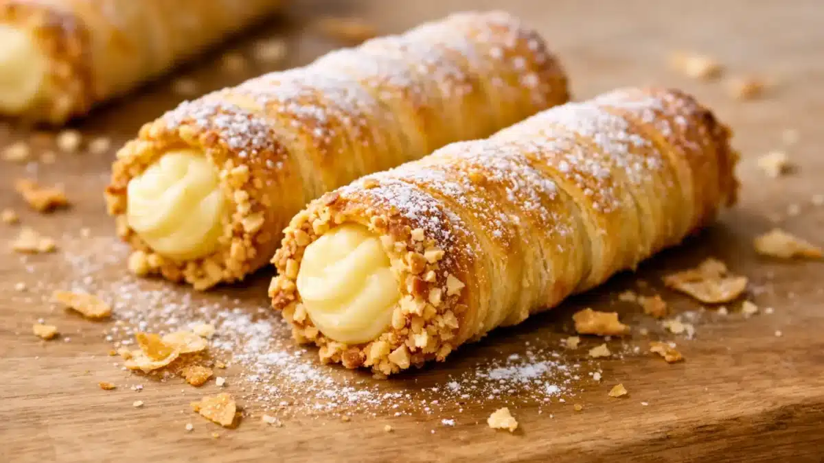 Cannoli croustillants garnis de crème pâtissière, saupoudrés de sucre glace