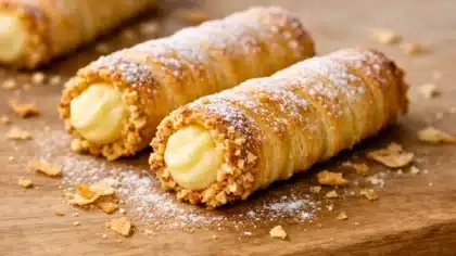 Cannoli croustillants garnis de crème pâtissière, saupoudrés de sucre glace