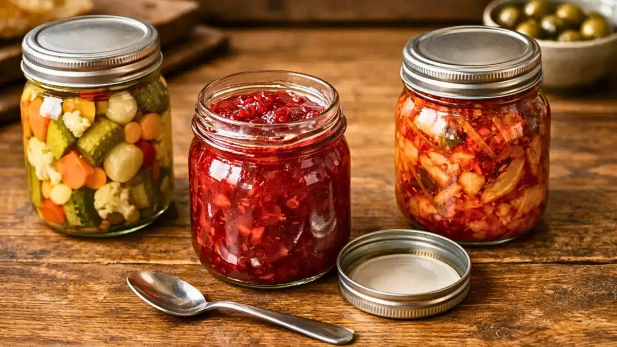 Bocaux en verre remplis de légumes fermentés maison, pickles variés et kimchi, posés sur une table en bois avec une petite cuillère.