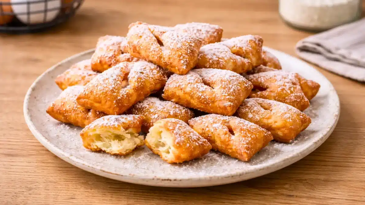 Bugnes moelleuses maison dorées et saupoudrées de sucre glace sur une assiette
