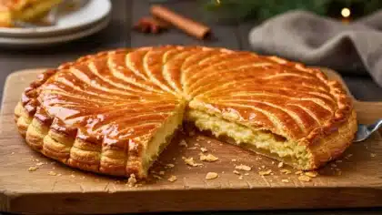 Galette des rois dorée avec une part découpée, révélant une garniture à la frangipane sur une planche en bois.