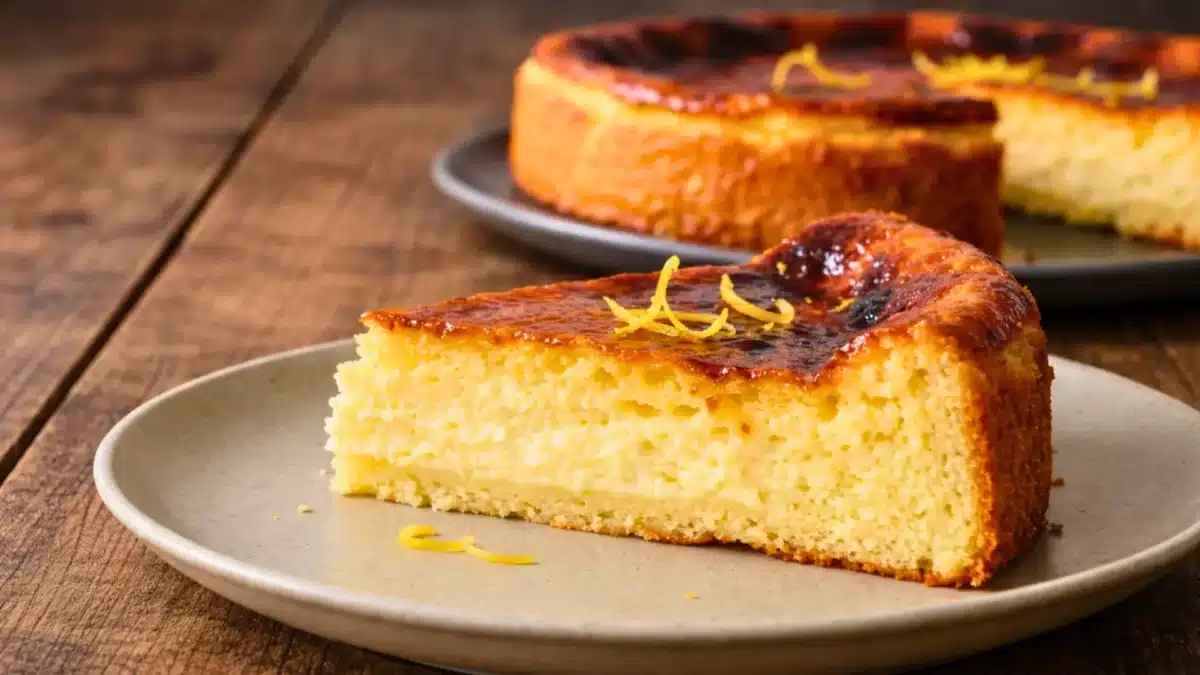 Part de fiadone corse traditionnel au brocciu, dorée au four et parfumée au citron