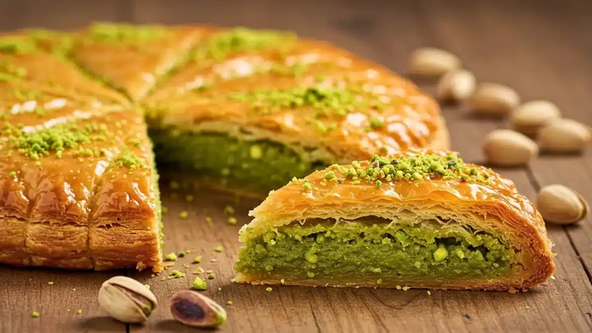 Galette des rois façon baklava feuilleté à la pistache, avec une part découpée montrant une garniture verte fondante