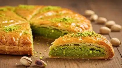 Galette des rois façon baklava feuilleté à la pistache, avec une part découpée montrant une garniture verte fondante