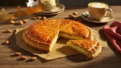 Galette des rois traditionnelle à la frangipane, feuilletage doré et croustillant, part découpée révélant une crème d’amande fondante, servie avec un café.