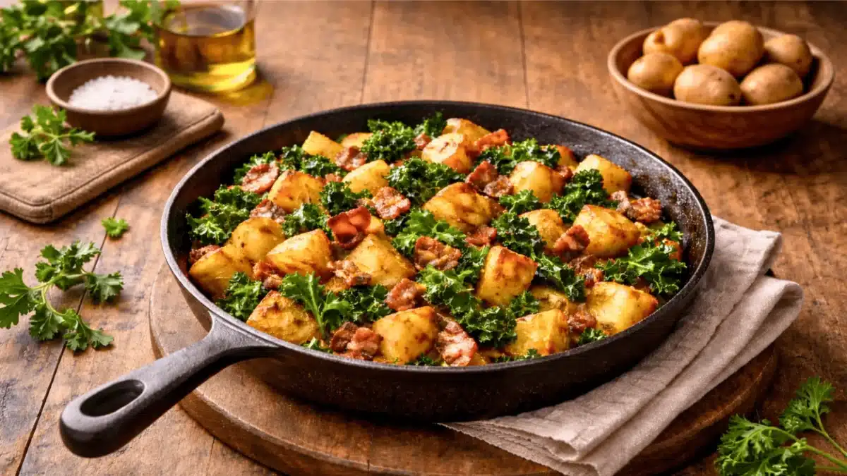 Une poêlée rustique de pommes de terre dorées, bacon fumé et chou kale, servie dans une poêle en fonte sur une table en bois clair.