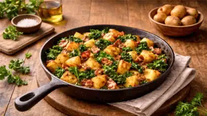 Une poêlée rustique de pommes de terre dorées, bacon fumé et chou kale, servie dans une poêle en fonte sur une table en bois clair.