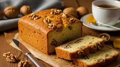 Gâteau aux noix moelleux coupé en carrés sur une table en bois rustique
