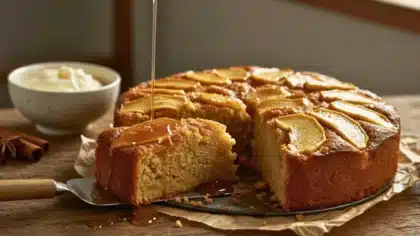 Un gâteau aux pommes doré et moelleux, nappé de miel, découpé en parts sur une table en bois rustique.