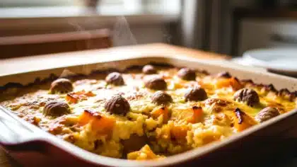 Gratin de courge doré au four avec éclats de châtaignes, servi dans un plat à gratin.