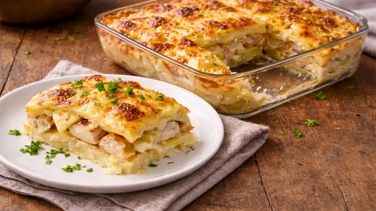 Gratin dauphinois au poulet gratiné, servi en part avec pommes de terre fondantes et fromage doré