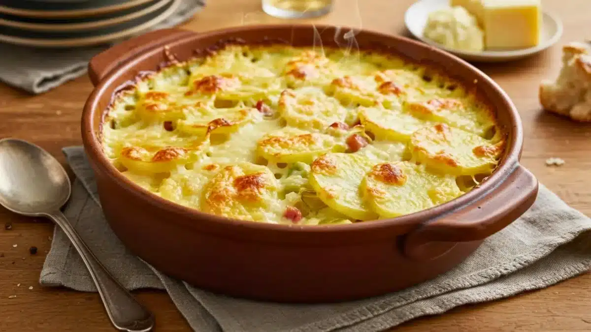 Gratin de poireaux et pommes de terre au fromage, doré et fondant, servi dans un plat en terre cuite