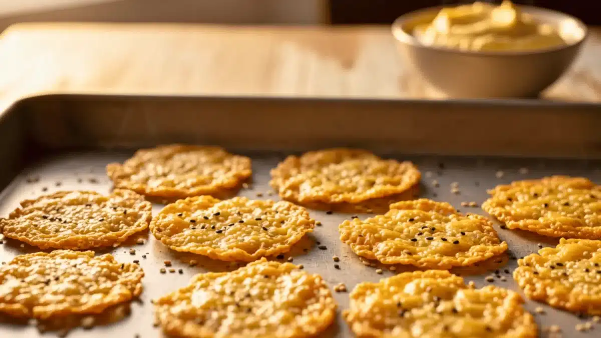 Des crackers maison au fromage doré et aux graines de sésame, encore chauds, sur une plaque de cuisson.