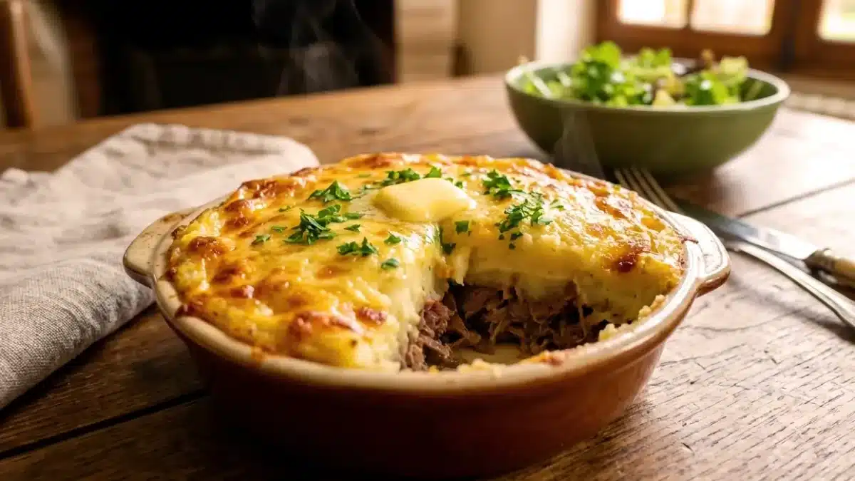 Parmentier de canard confit maison, doré et gratiné, laissant apparaître un cœur fondant de canard effiloché sous une purée croustillante.