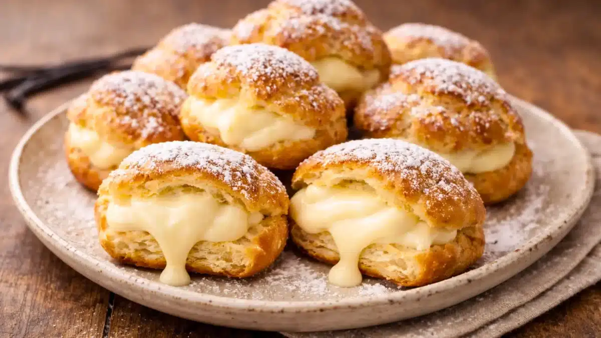 Des choux à la crème pâtissière à la vanille, dorés et croustillants, garnis d’une crème onctueuse visible, disposés sur une assiette en céramique posée sur une table en bois rustique, éclairés par une lumière naturelle douce.