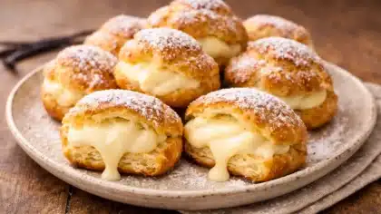 Des choux à la crème pâtissière à la vanille, dorés et croustillants, garnis d’une crème onctueuse visible, disposés sur une assiette en céramique posée sur une table en bois rustique, éclairés par une lumière naturelle douce.