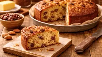Une part de gâteau moelleux aux raisins et amandes mise en valeur au premier plan, devant le gâteau entier sur une table en bois.