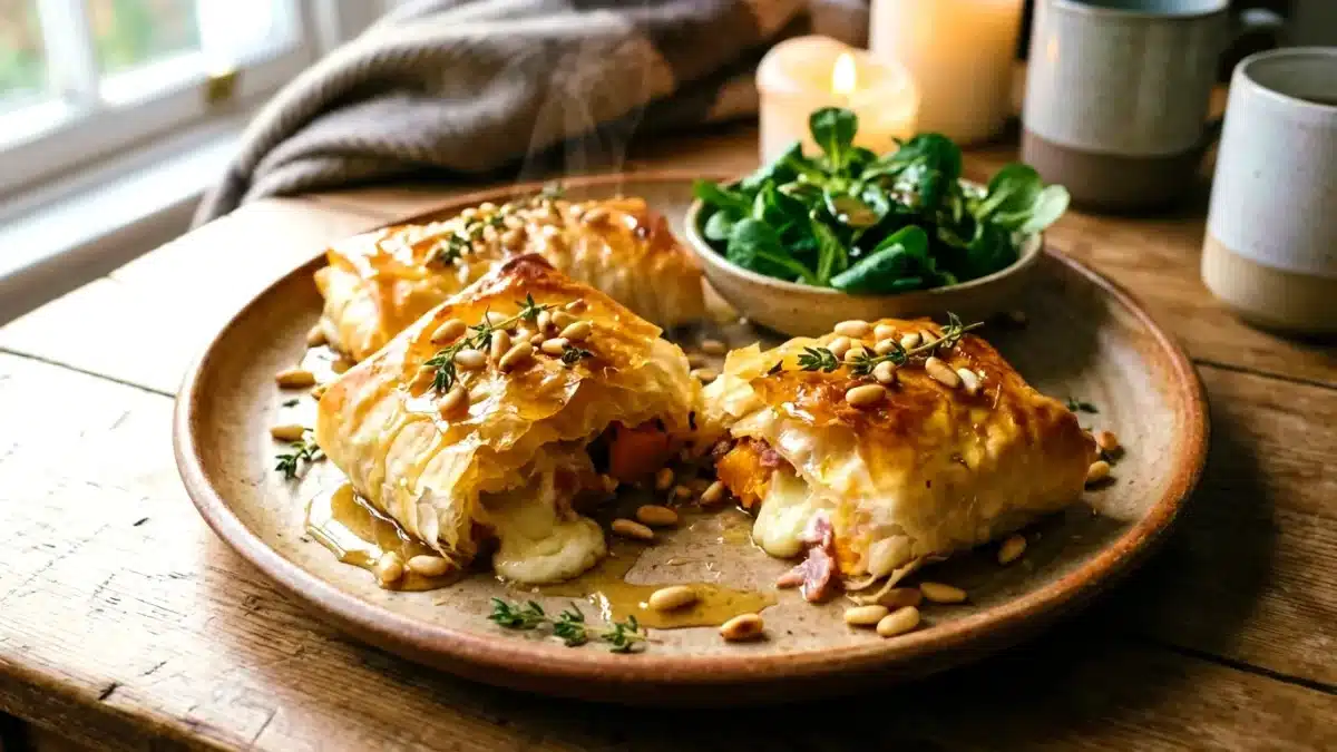 Feuilletés en pâte filo dorés et croustillants garnis de potimarron rôti, fromage de chèvre fondant et jambon fumé, nappés de miel et servis avec une salade de mâche.