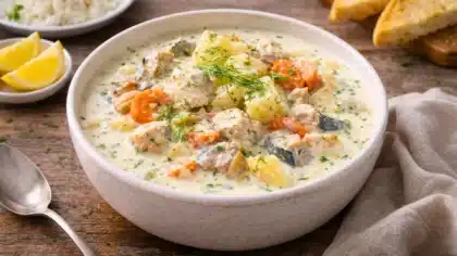 Blanquette de poisson crémeuse servie dans un bol, avec morceaux de poisson, carottes, pommes de terre et aneth