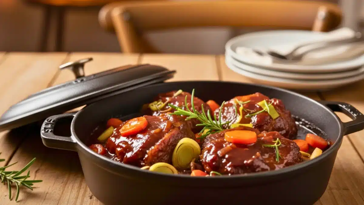 Joues de porc braisées en cocotte avec sauce onctueuse au vin rouge sur table en bois.