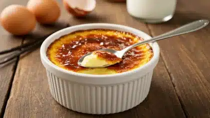Crème caramel maison servie dans un ramequin, nappée de caramel doré, avec une cuillère et des œufs en arrière-plan