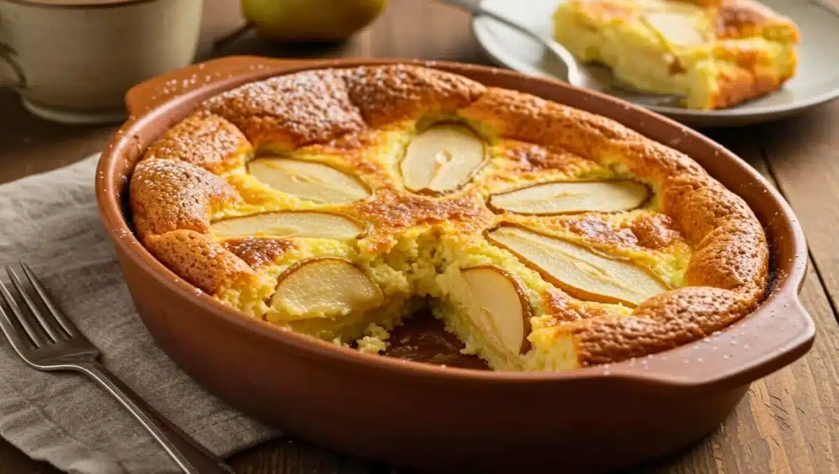 Une flognarde aux poires dorée et légèrement gonflée, cuite dans un plat rond rustique, coupée en part pour révéler une texture fondante et crémeuse avec des morceaux de poires pochées, saupoudrée de sucre glace sur une table en bois.