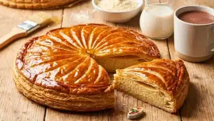 Galette des rois de Cyril Lignac avec pâte feuilletée dorée et frangipane fondante, présentée avec une part découpée sur une table en bois.