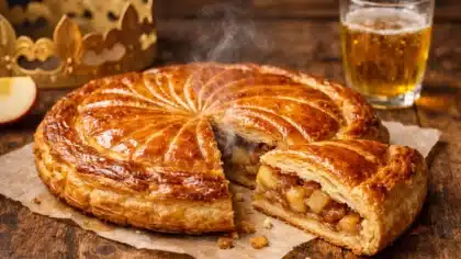 Galette des rois aux pommes dorée et feuilletée, coupée en part, laissant apparaître une garniture fondante aux pommes et à la cannelle, avec vapeur visible.