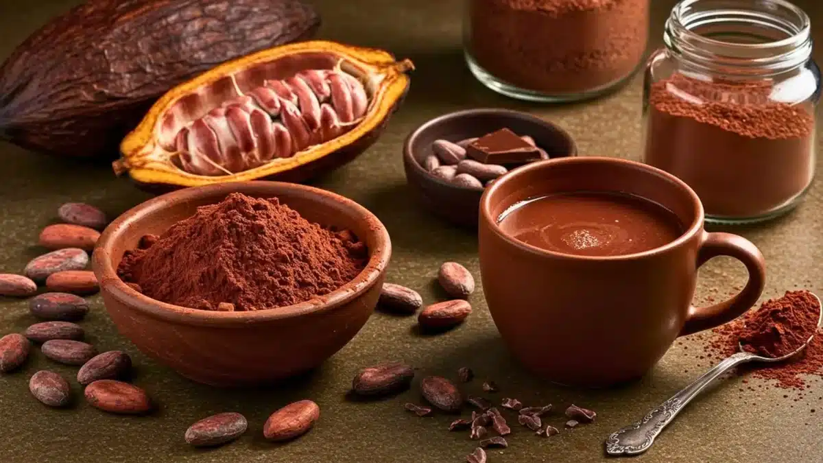 Fèves de cacao, poudre de cacao cru et boisson chocolatée disposées sur une table rustique