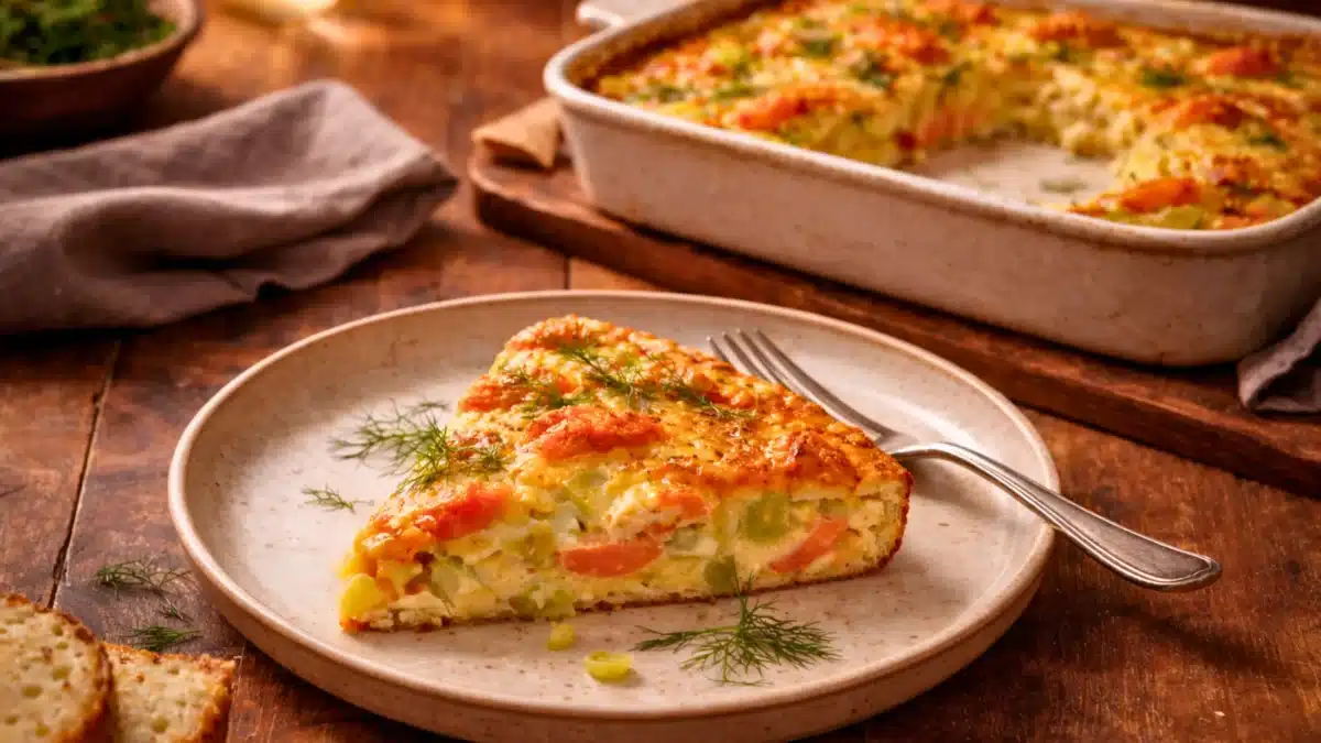 Part de gratin aux poireaux et saumon fumé servie dans une assiette, avec le plat entamé visible en arrière-plan sur une table en bois.
