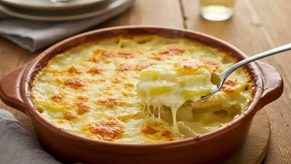 Gratin dauphinois crémeux et doré dans un plat en terre cuite, pommes de terre fondantes nappées de crème, servi chaud.
