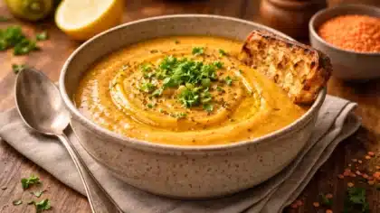 Soupe de lentilles corail onctueuse garnie d’herbes fraîches, servie avec une tranche de pain grillé