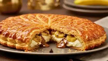 Galette des rois banane chocolat coupée, montrant une garniture fondante au chocolat et des rondelles de banane, sur une table claire.