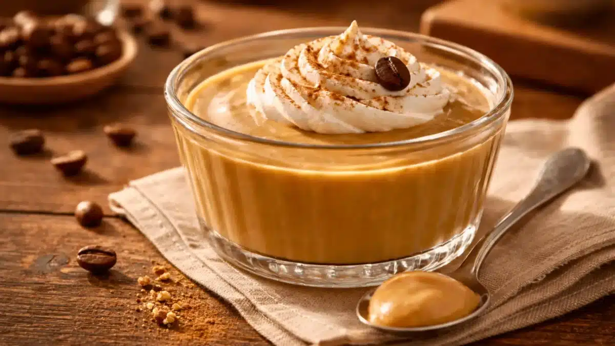 Une crème dessert onctueuse au café, servie dans un ramequin en verre avec chantilly et grain de café.