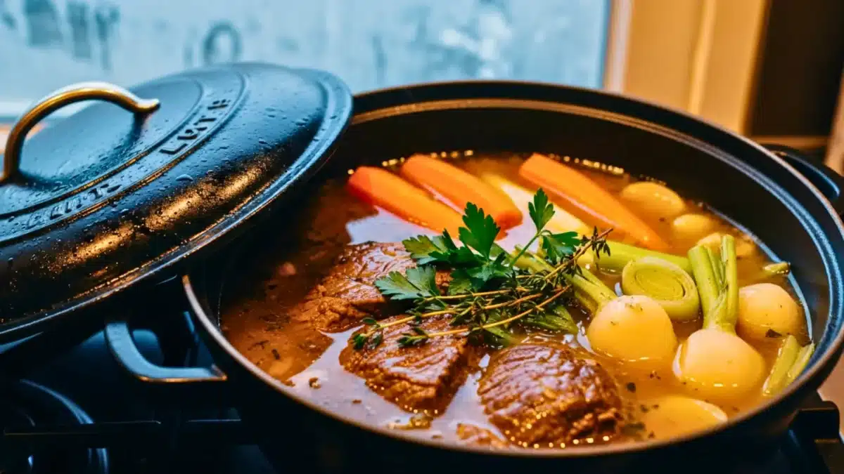 Un pot-au-feu mijote dans une cocotte noire, dévoilant un bouillon doré aux légumes d’hiver et morceaux de bœuf.