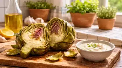Artichaut coupé en deux servi avec une sauce crémeuse, accompagné d’huile d’olive et d’herbes fraîches