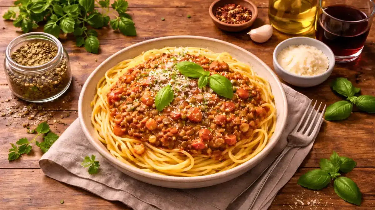 Un plat de spaghettis nappés de sauce bolognaise aux lentilles, garni de parmesan râpé et de feuilles de basilic, sur une table en bois.