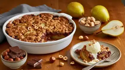 Crumble poire chocolat aux noisettes servi dans un plat blanc, accompagné d’une boule de glace vanille