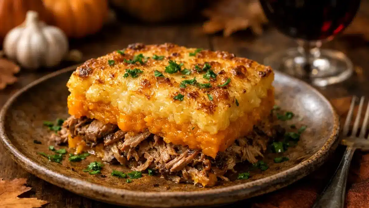 Gros plan d'un parmentier de butternut gratiné au parmesan dans un plat en céramique blanc sous une lumière naturelle.