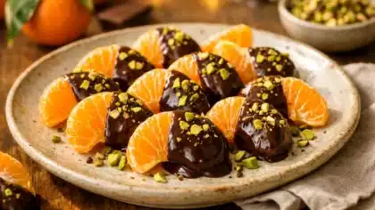 Un quartier de clémentine fraîche partiellement nappé de chocolat noir brillant et parsemé d'éclats de pistaches vertes croquantes.