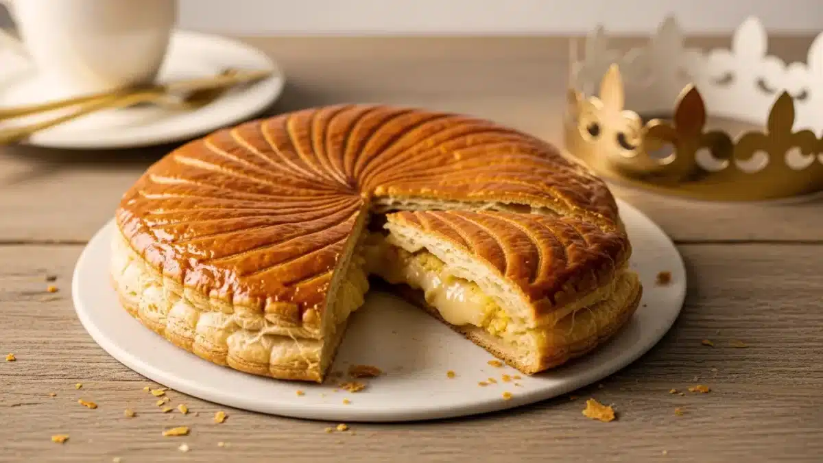 Galette des rois dorée à la frangipane posée sur une table en bois avec une couronne