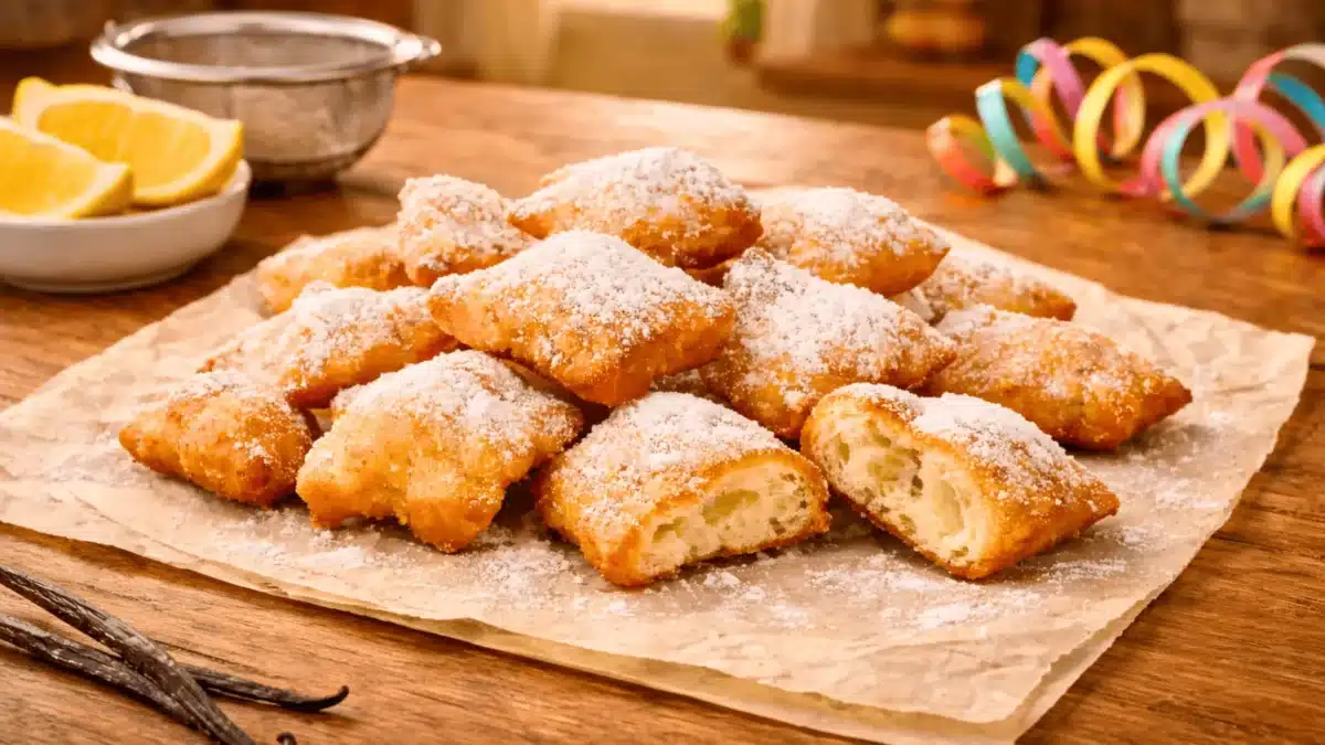 Des beignets dorés et saupoudrés de sucre, présentés sur une table en bois, avec une pièce coupée révélant un intérieur moelleux.