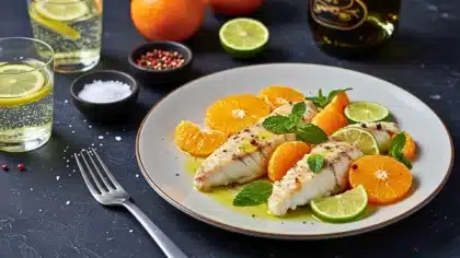 Filets de lotte poêlés servis avec des tranches d’orange et de citron vert, agrémentés de menthe fraîche et d’huile d’olive.