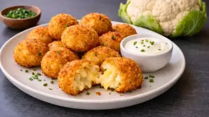 Beignets de chou-fleur croustillants au fromage servis avec une sauce crémeuse