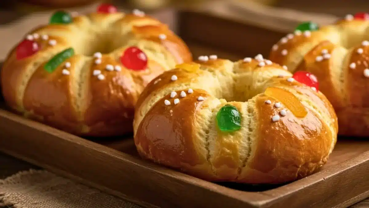 Petites couronnes des rois briochées aux fruits confits et sucre perlé, dorées et moelleuses