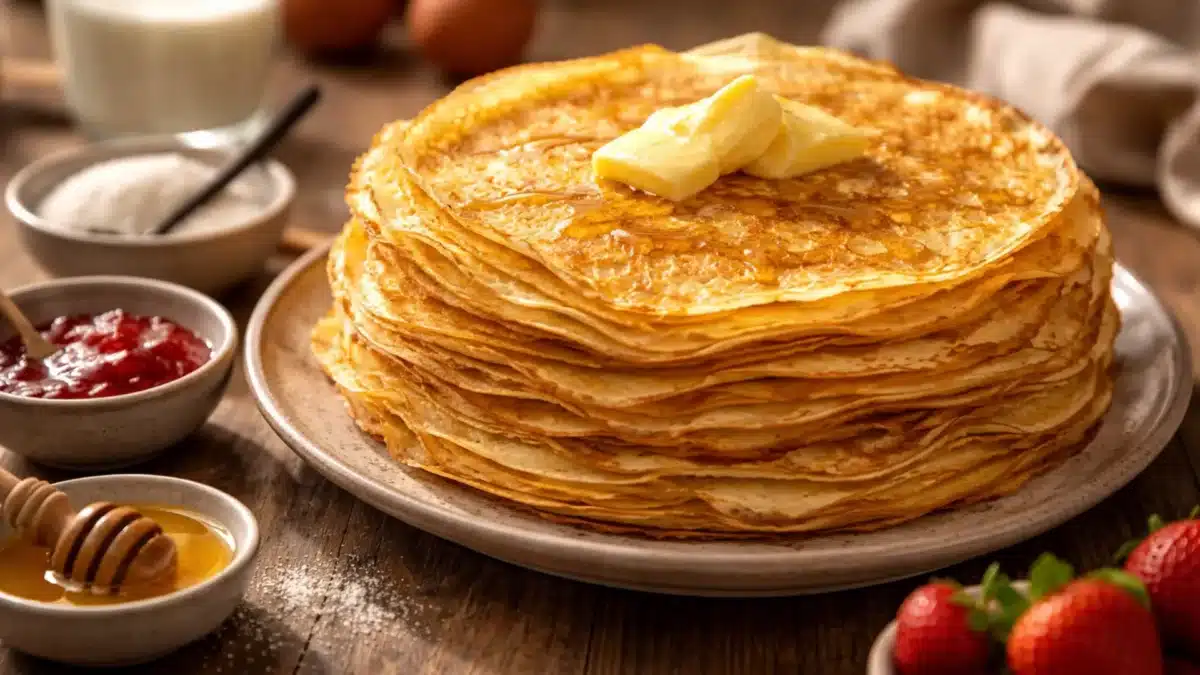 Pile de crêpes maison dorées et moelleuses, garnies de beurre, servies avec miel, confiture et fruits sur une table rustique