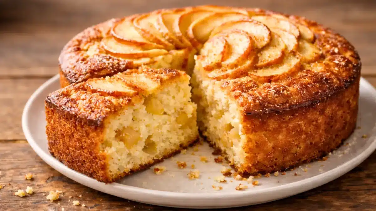 Gâteau aux pommes et mascarpone moelleux, doré au four, avec une part découpée montrant une texture fondante
