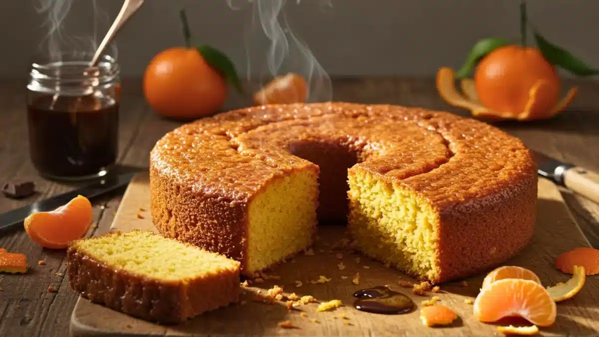 Gâteau aux clémentines et amandes moelleux, imbibé de sirop aux agrumes, avec une tranche découpée sur une planche en bois.