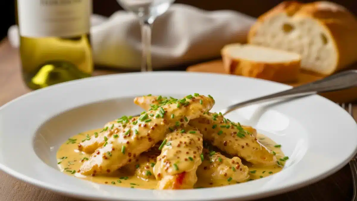Assiette d'émincé de poulet sauce moutarde crémeuse et ciboulette fraîche sur table en bois.